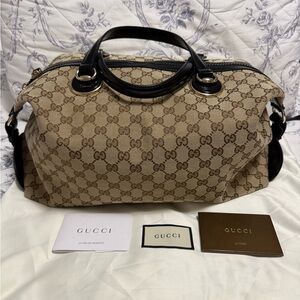 Gucci Beige GG Canvas Satchel with Brown and Black Trim